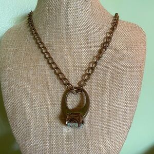 Elegant Brown Chain Necklace with large white stone ring pendant